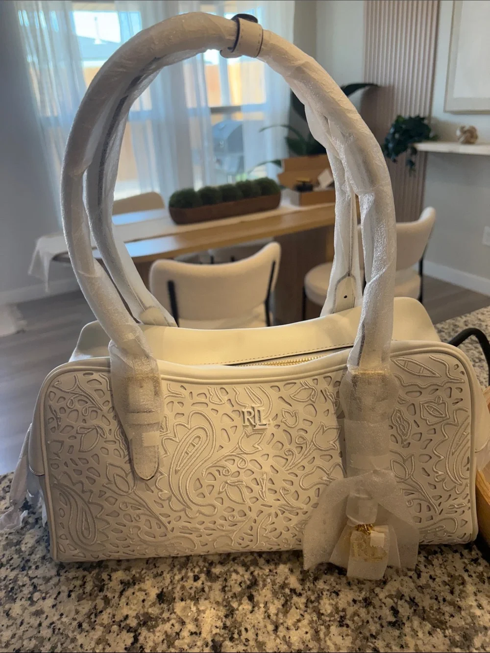 Polo by Ralph Lauren White Laser-Cut Satchel with Gold Charm